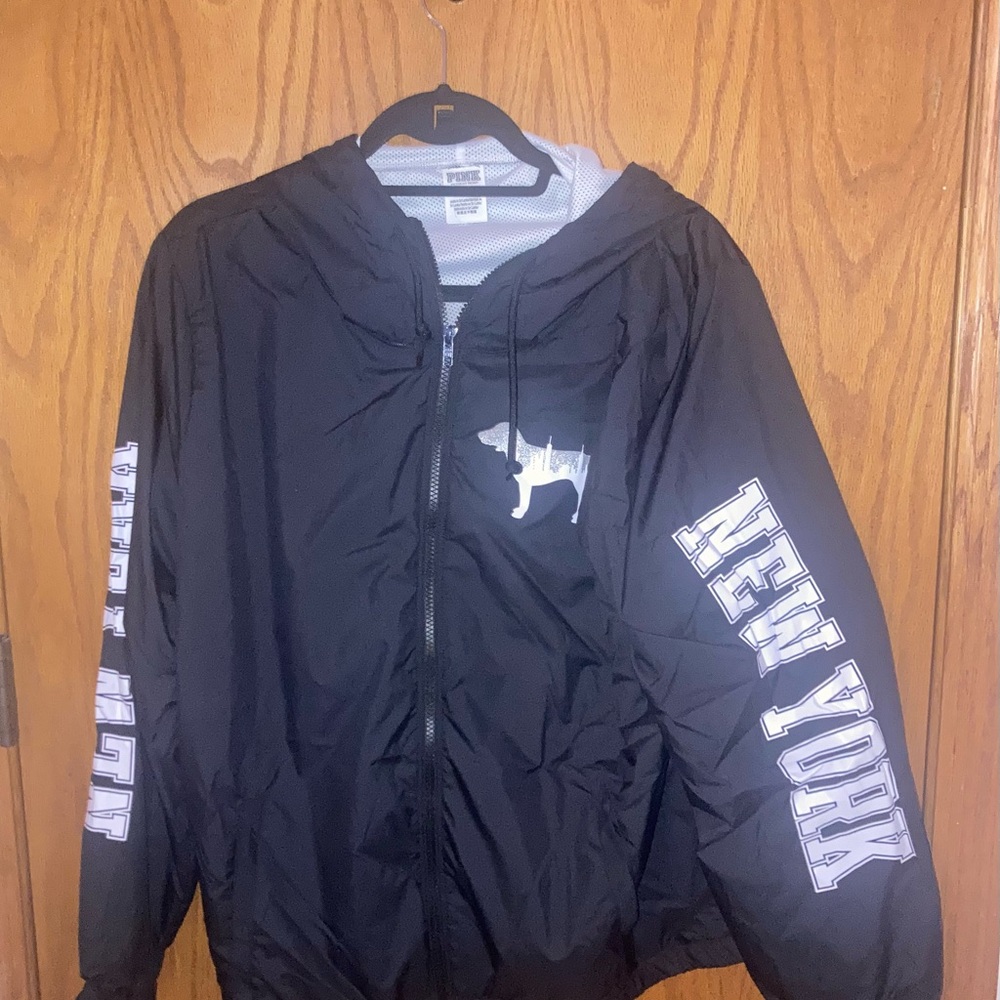 Pink Victoria's Secret Black New York Windbreaker Jacket.  Size L.